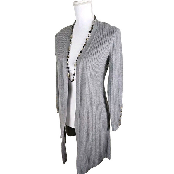 Talbots~Woman Size SPetite~Gray Long Line Open Front Knit Cardigan Cotton Blend. - Picture 1 of 11